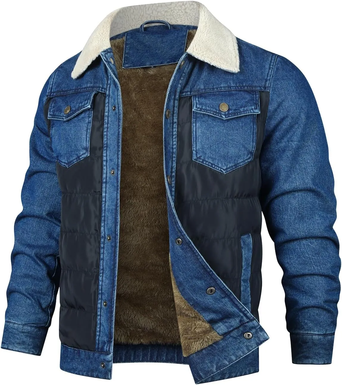 INVACHI Mens Denim Trucker Jacket Lapel Sherpa Fleece Lined with Down Patchwork and Pockets