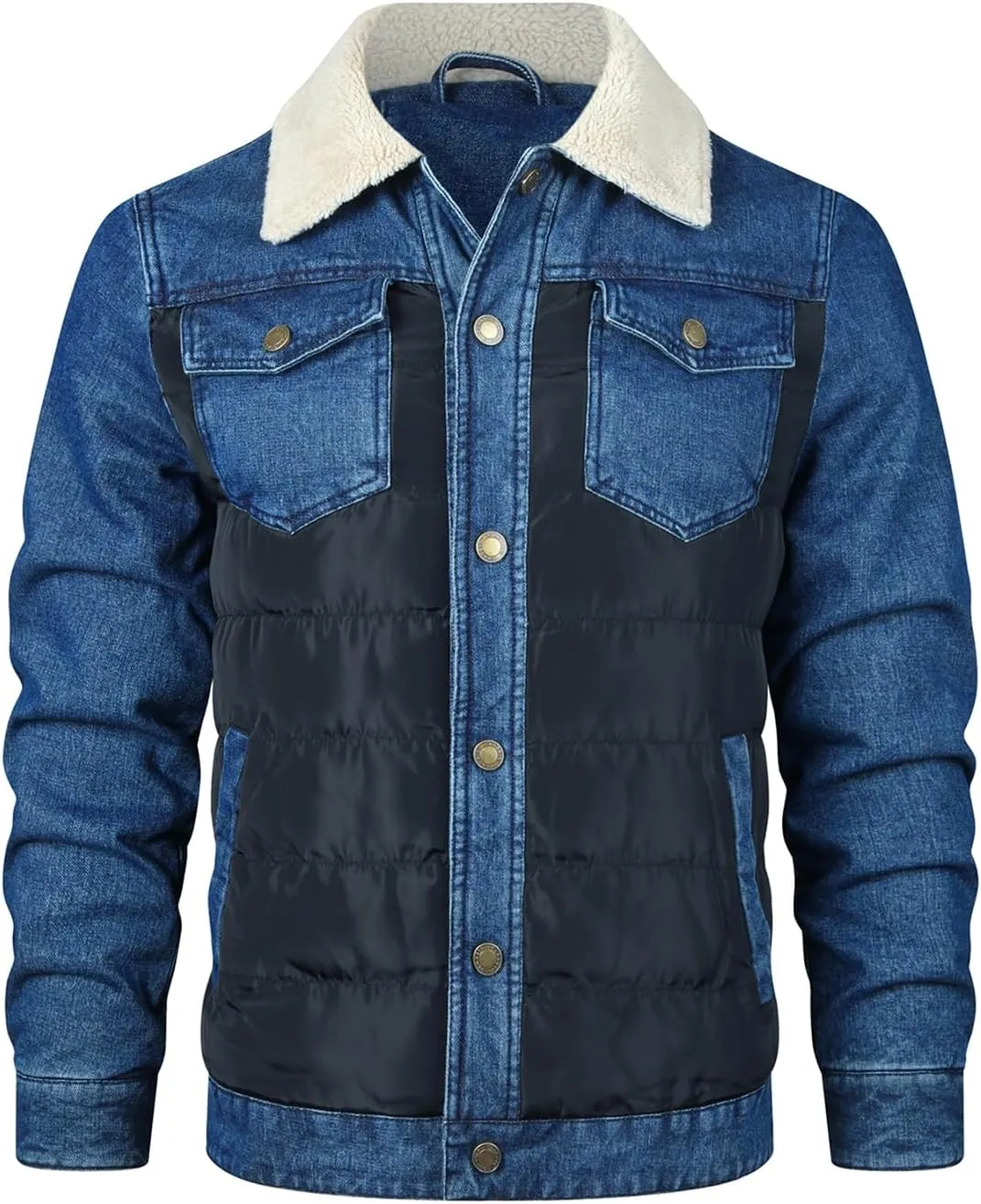 INVACHI Mens Denim Trucker Jacket Lapel Sherpa Fleece Lined with Down Patchwork and Pockets