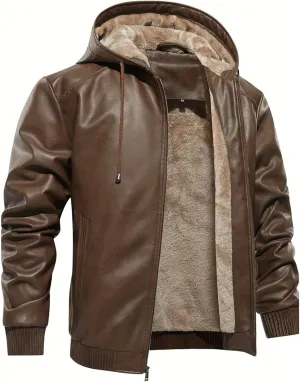 INVACHI Men's Leather Jacket PU Bomber Motorcycle Jacket with Fleece Lined Hood Windproof Winter Coat