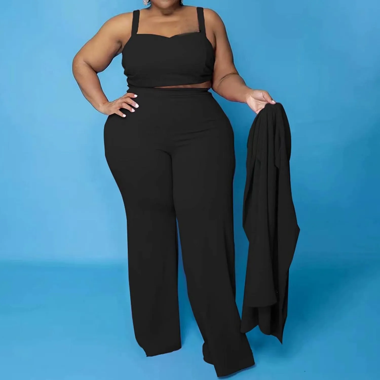 IyMoo Women's Plus Size 3 Piece Sets Outfit Tracksuit Crop Top Blazer Jacket and Wide Leg Long Pants Jumpsuit Romper Suits