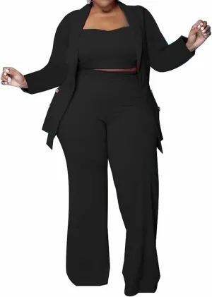 IyMoo Women's Plus Size 3 Piece Sets Outfit Tracksuit Crop Top Blazer Jacket and Wide Leg Long Pants Jumpsuit Romper Suits