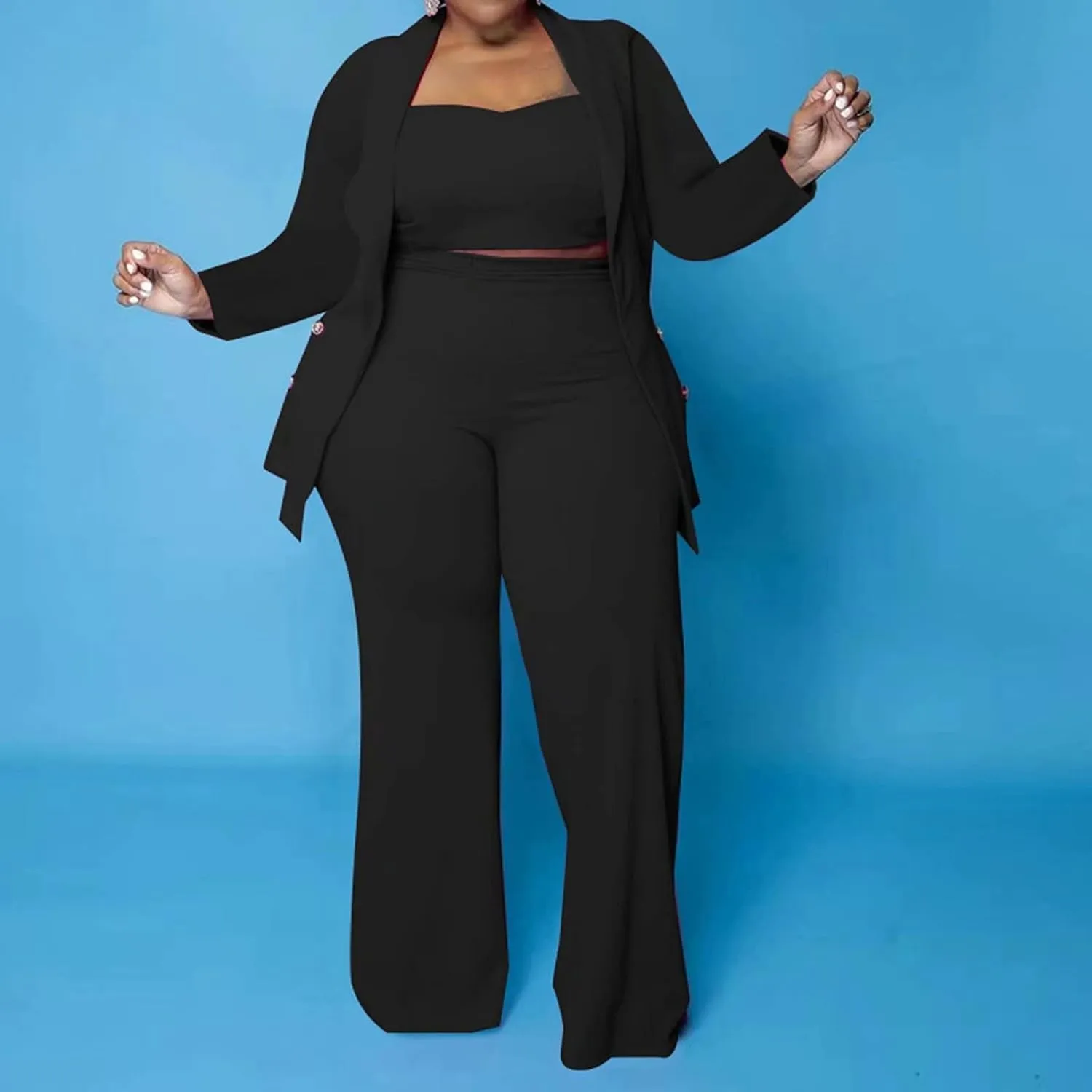 IyMoo Women's Plus Size 3 Piece Sets Outfit Tracksuit Crop Top Blazer Jacket and Wide Leg Long Pants Jumpsuit Romper Suits