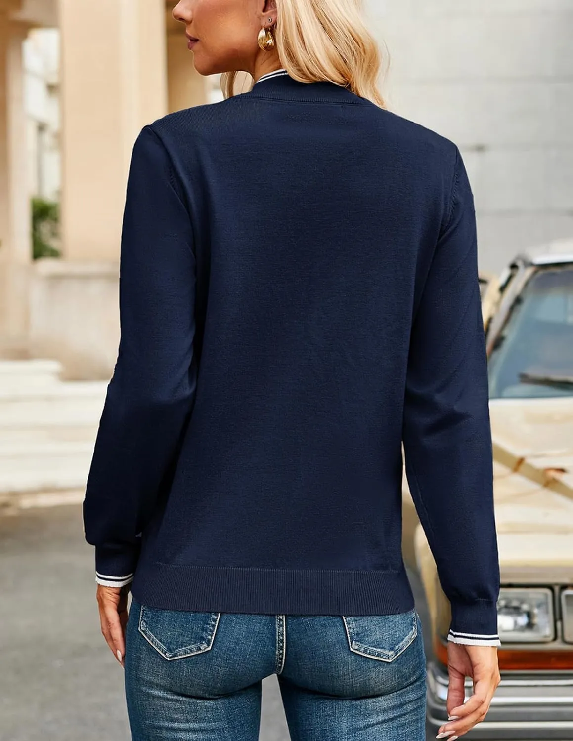 JACK SMITH Pullover Sweaters for Women Long Sleeve Argyle Quarter Zipper Collar Polo Sweater Ribbed Knit Golf Tops