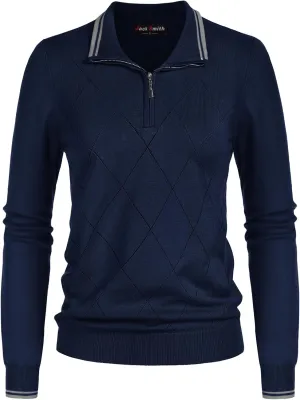 JACK SMITH Pullover Sweaters for Women Long Sleeve Argyle Quarter Zipper Collar Polo Sweater Ribbed Knit Golf Tops