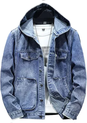 JEKE-DG Men's Distressed Denim Hoodie Jacket Casual Slim Fit Button Down Jeans Coat Long Sleeve Trucker Outwear
