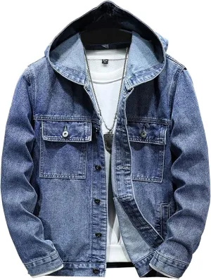 JEKE-DG Men's Distressed Denim Hoodie Jacket Casual Slim Fit Button Down Jeans Coat Long Sleeve Trucker Outwear