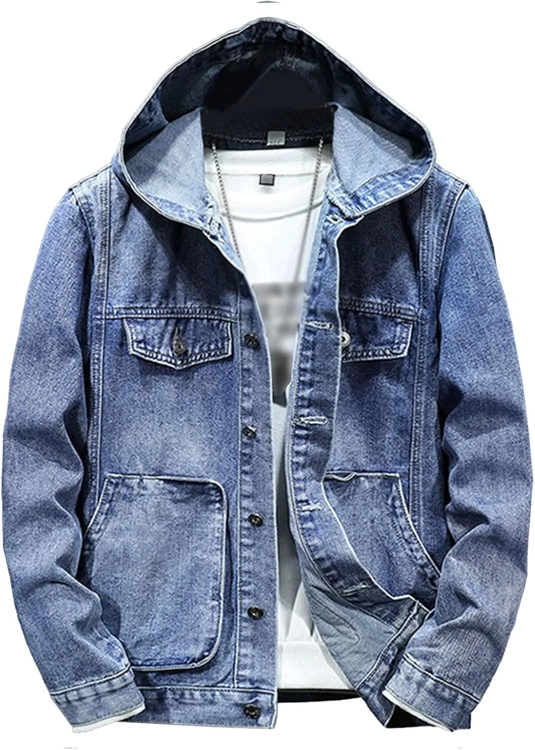 JEKE-DG Men's Distressed Denim Hoodie Jacket Casual Slim Fit Button Down Jeans Coat Long Sleeve Trucker Outwear