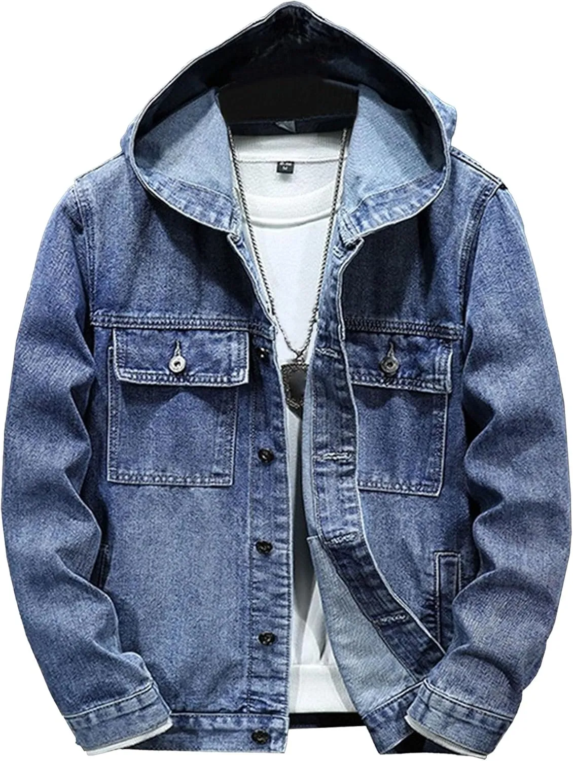JEKE-DG Men's Distressed Denim Hoodie Jacket Casual Slim Fit Button Down Jeans Coat Long Sleeve Trucker Outwear