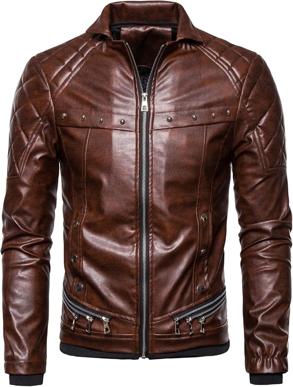JEShifangjiusu Men'S Removable Fur Collar Jacket Sherpa Lined Zips Faux Leather Jacket Leather Vintage Retro Coat Outwear