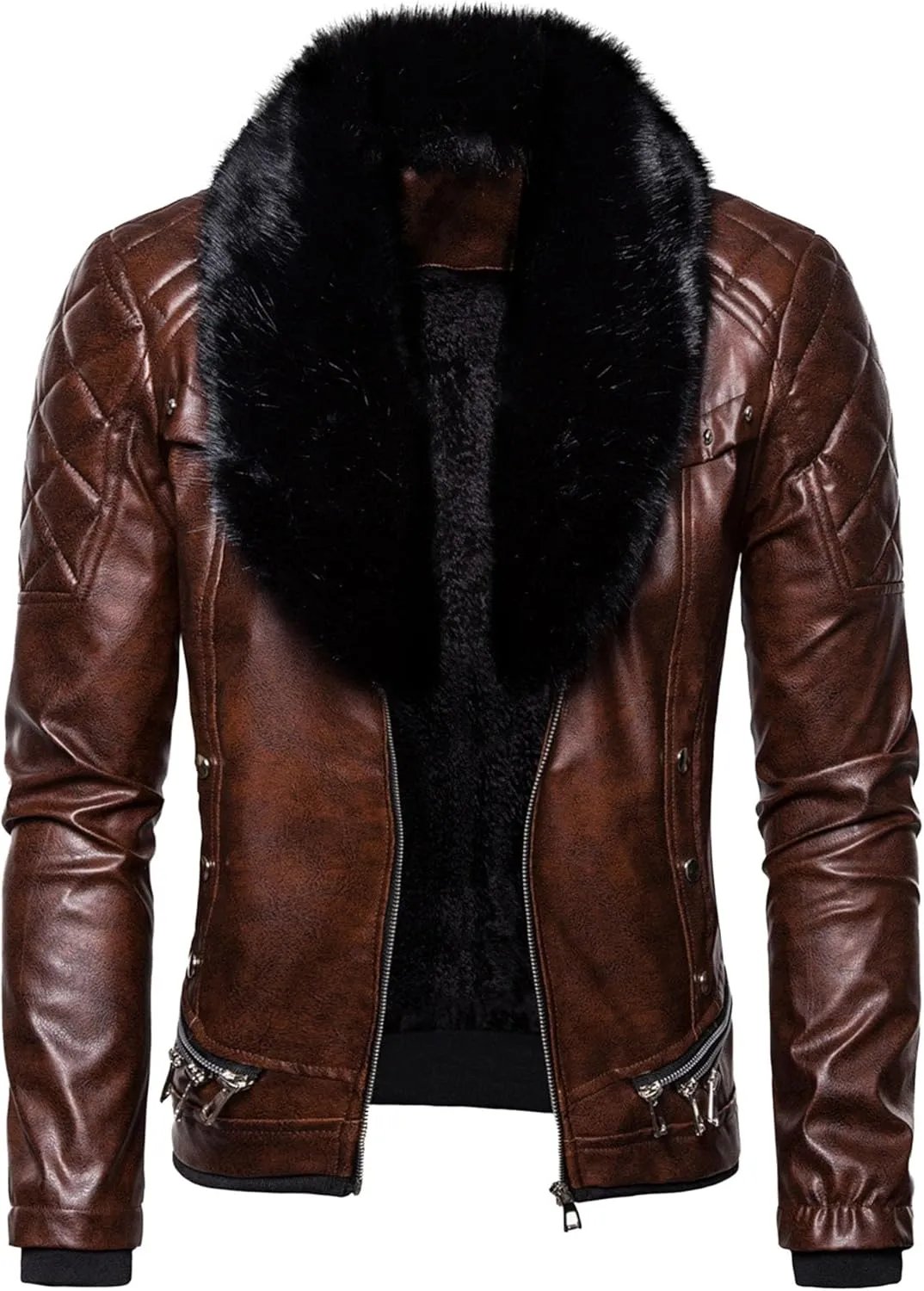 JEShifangjiusu Men'S Removable Fur Collar Jacket Sherpa Lined Zips Faux Leather Jacket Leather Vintage Retro Coat Outwear