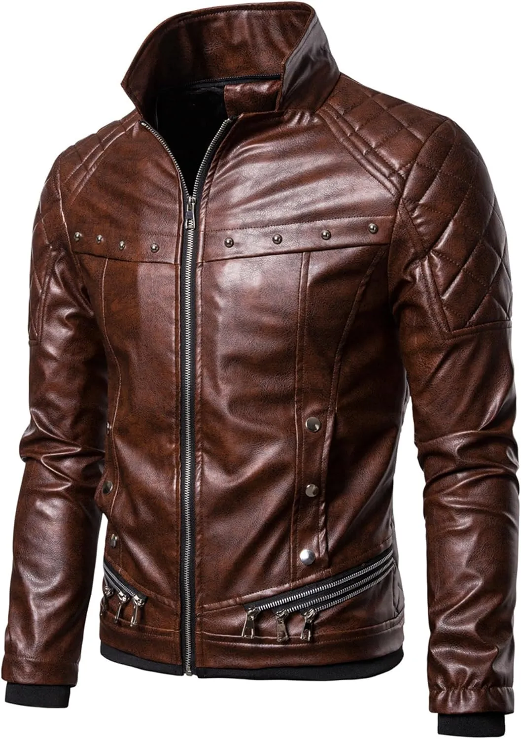 JEShifangjiusu Men'S Removable Fur Collar Jacket Sherpa Lined Zips Faux Leather Jacket Leather Vintage Retro Coat Outwear