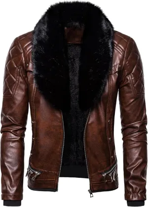 JEShifangjiusu Men'S Removable Fur Collar Jacket Sherpa Lined Zips Faux Leather Jacket Leather Vintage Retro Coat Outwear