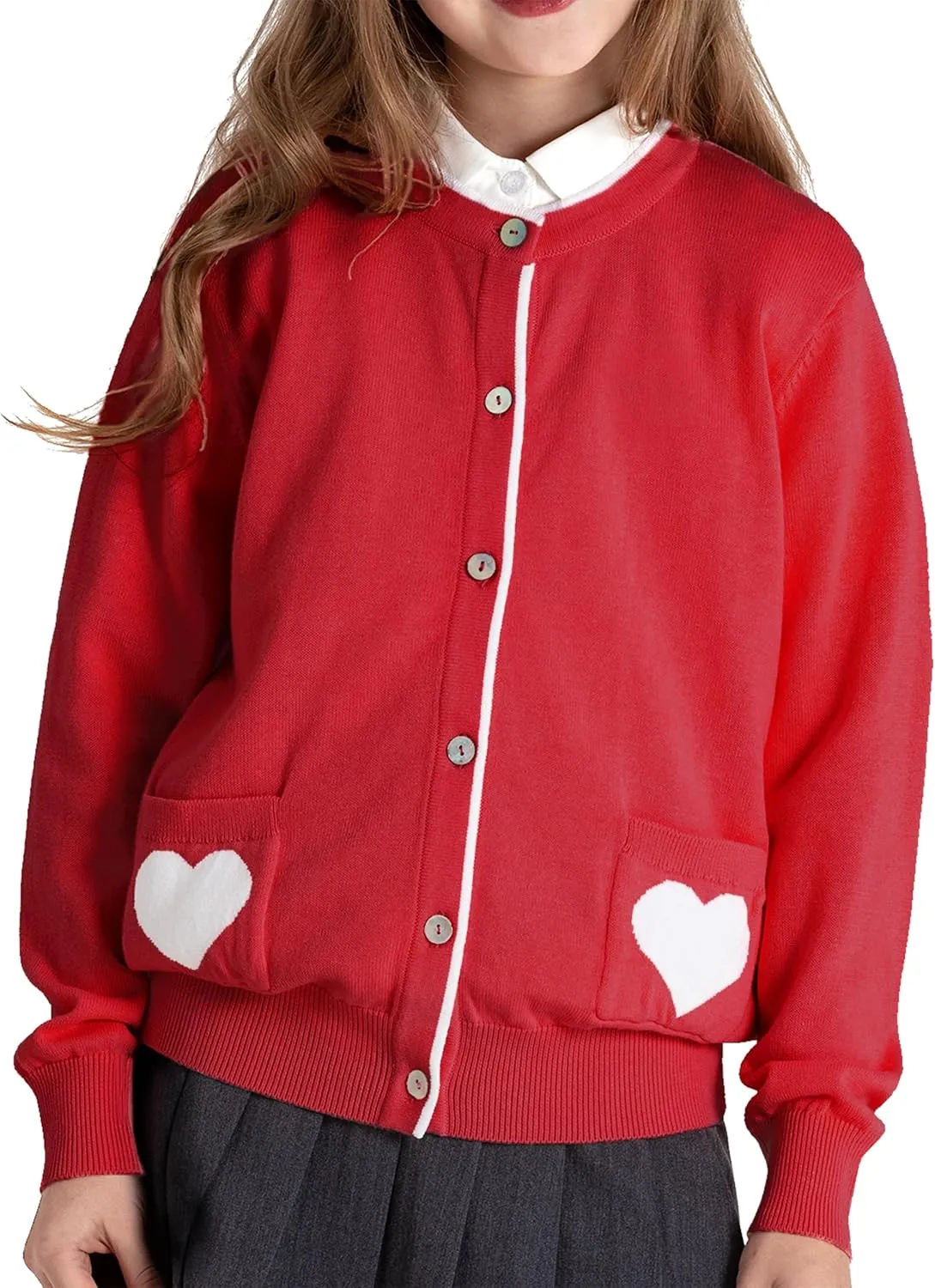 JSTEX Girls Cute Cardigan 100% Cotton Knit Kids Cardigan Long Sleeve Crew Neck Button Sweaters for Girl Size 4-14
