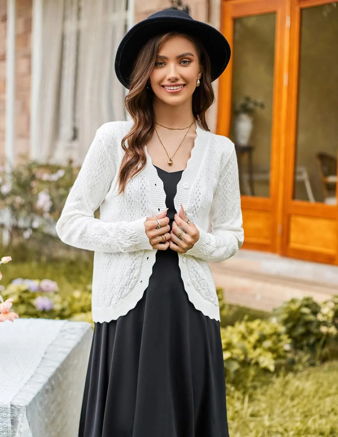 KANCY KOLE Women's 2025 Long Sleeve Cropped Cardigan Sweaters Lightweight Crochet Button Down Cardigan Shrugs for Dresses