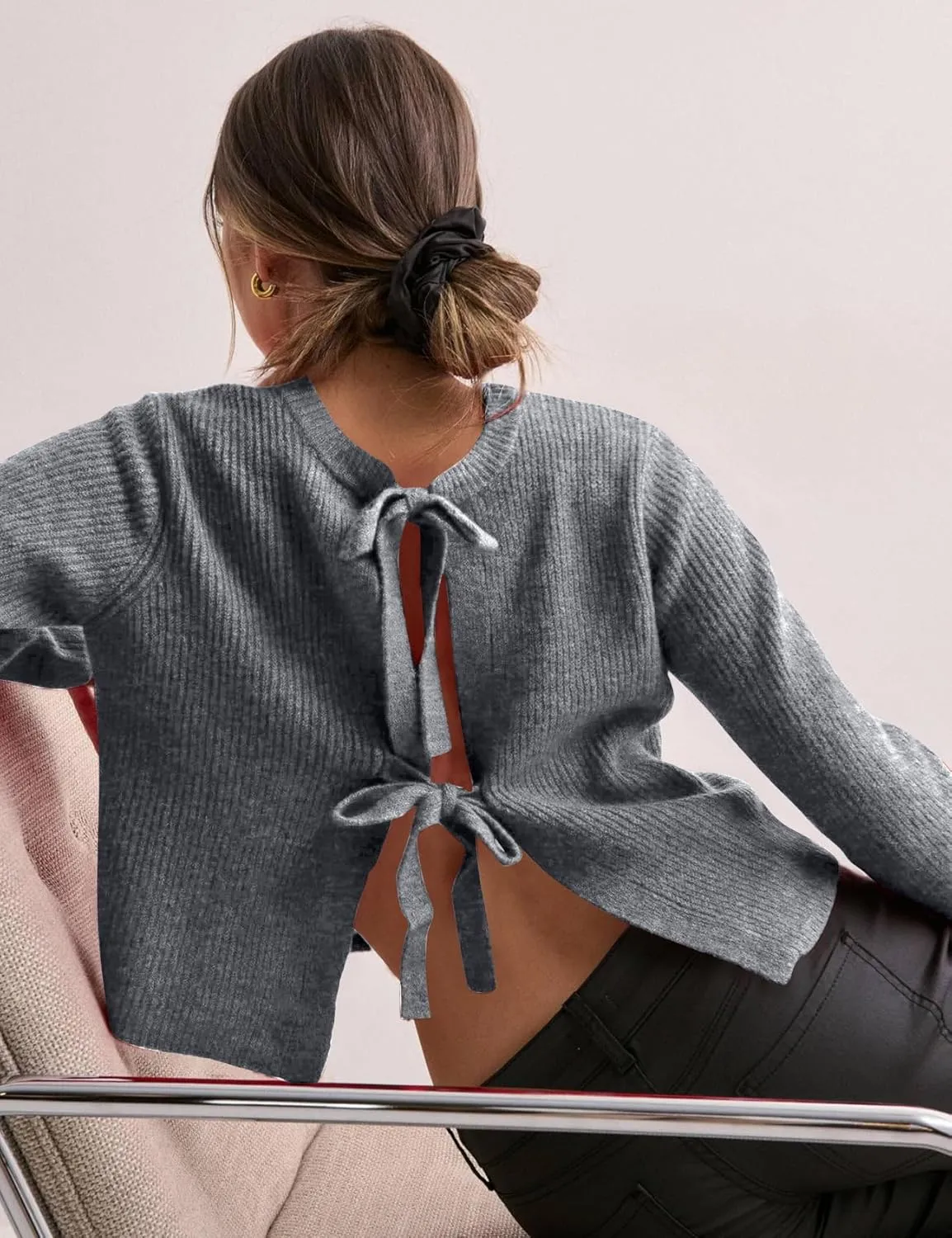 Kissonic Women's Tie Front Cropped Cardigan Crew Neck Long Sleeve Ribbed Knit Cardigan Bow Tie Trendy Sweater Tops