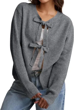 Kissonic Women's Tie Front Cropped Cardigan Crew Neck Long Sleeve Ribbed Knit Cardigan Bow Tie Trendy Sweater Tops
