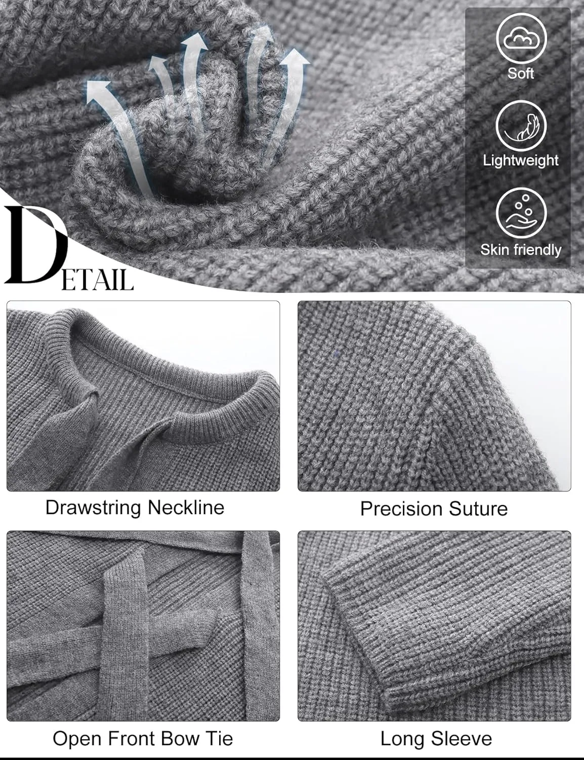 Kissonic Women's Tie Front Cropped Cardigan Crew Neck Long Sleeve Ribbed Knit Cardigan Bow Tie Trendy Sweater Tops