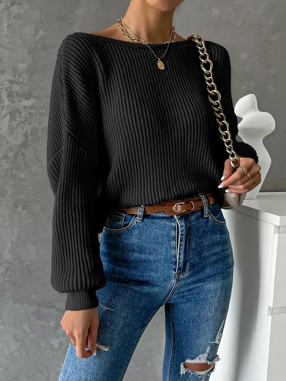 Labolliy Women Twist Back Backless Drop Shoulder Long Sleeve Pullover Rib Knit Sweater Tops