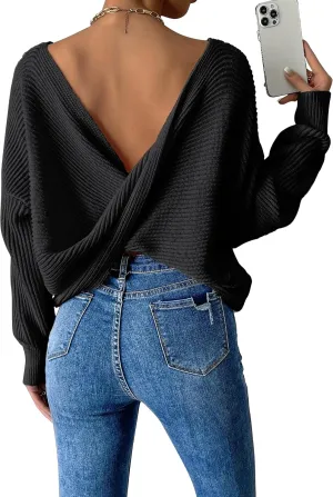Labolliy Women Twist Back Backless Drop Shoulder Long Sleeve Pullover Rib Knit Sweater Tops