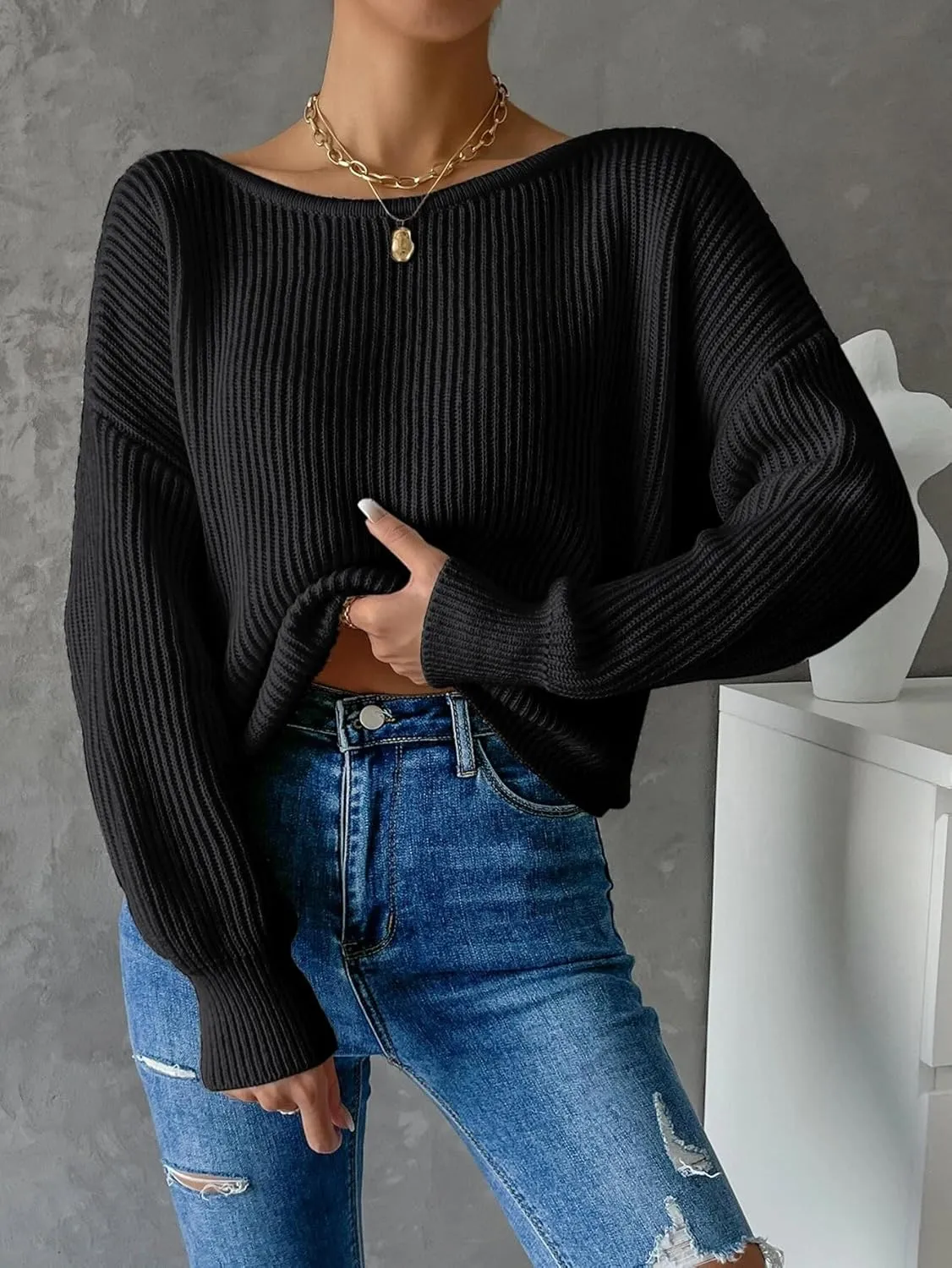 Labolliy Women Twist Back Backless Drop Shoulder Long Sleeve Pullover Rib Knit Sweater Tops