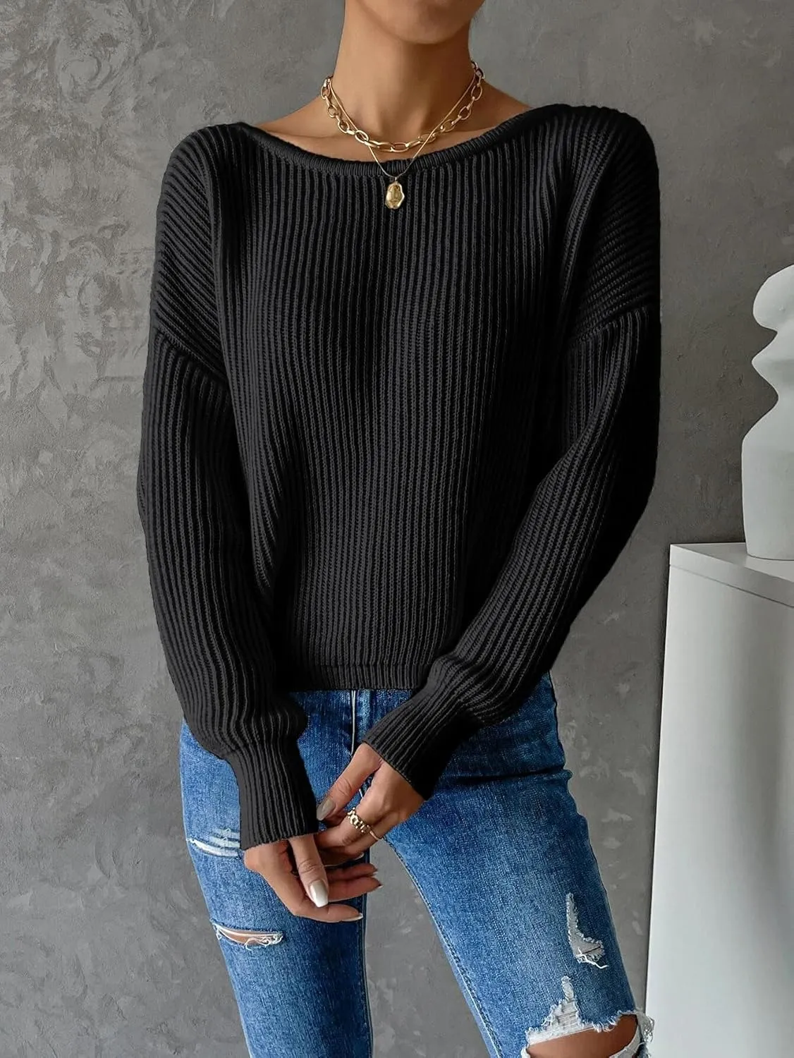 Labolliy Women Twist Back Backless Drop Shoulder Long Sleeve Pullover Rib Knit Sweater Tops