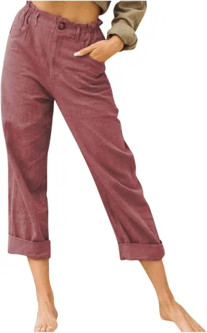 Ladies Linen Pants for Womens Summer Casual Harem Pant 7/8 Length High Waist Lightweight Cotton Linen Slacks Trousers