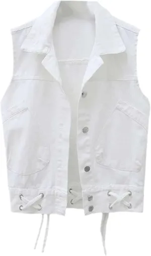 Ladies Spring Sleeveless Jacket Lapel Vest Denim Jacket Pocket Jeans Button Vest