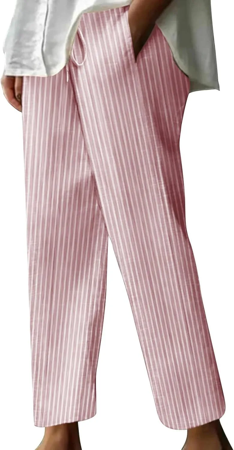Lastesso Linen Pants Women Vertical Stripe High Waist Drawstring Trousers with Pockets Soft Color Block Summer Beach Clothes