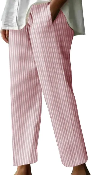 Lastesso Linen Pants Women Vertical Stripe High Waist Drawstring Trousers with Pockets Soft Color Block Summer Beach Clothes