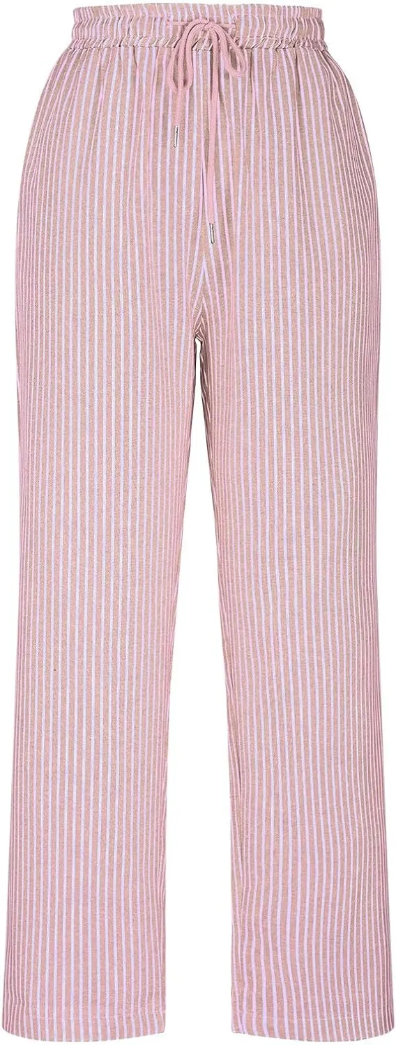 Lastesso Linen Pants Women Vertical Stripe High Waist Drawstring Trousers with Pockets Soft Color Block Summer Beach Clothes