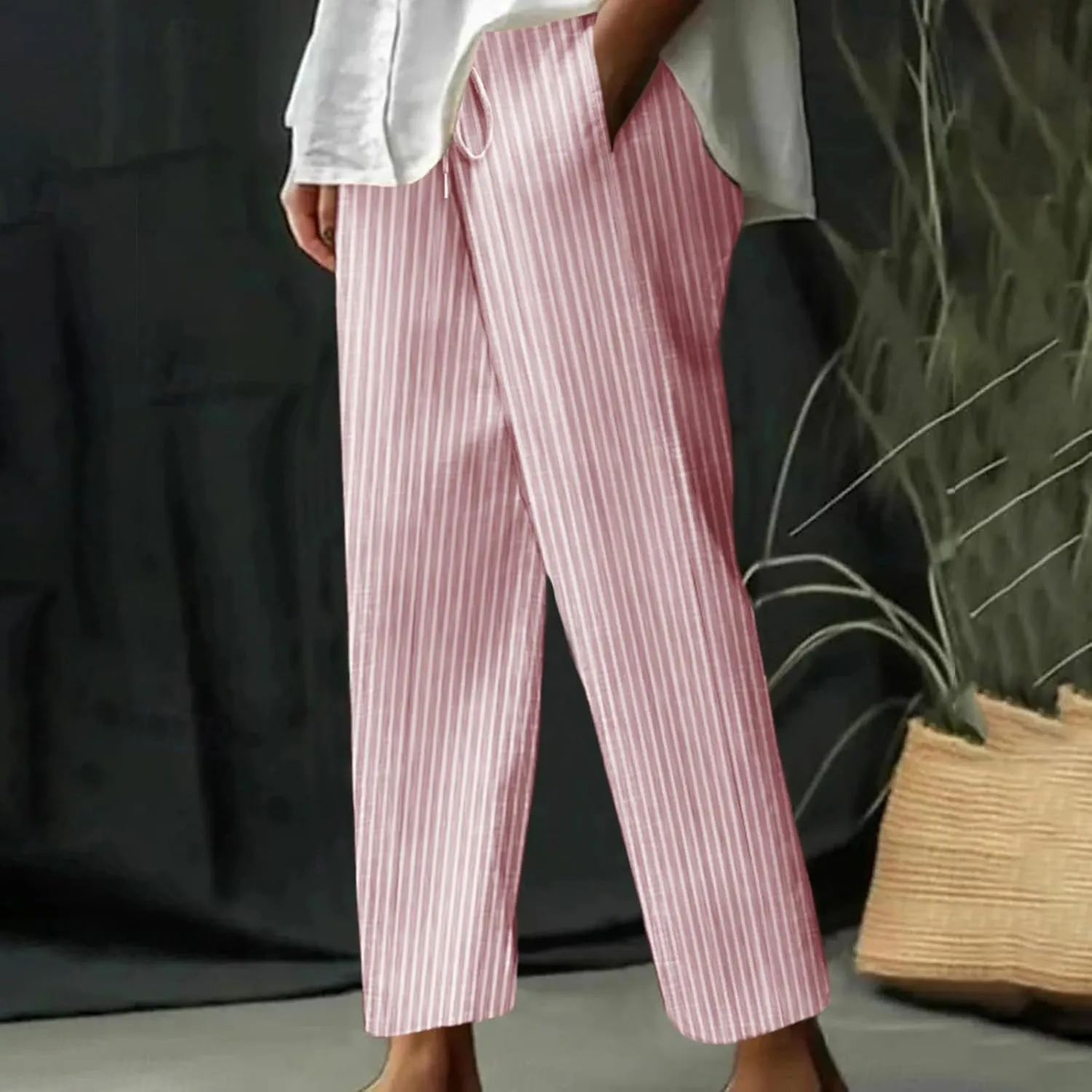 Lastesso Linen Pants Women Vertical Stripe High Waist Drawstring Trousers with Pockets Soft Color Block Summer Beach Clothes