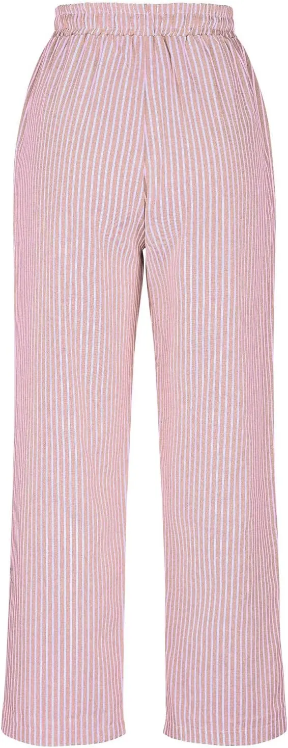 Lastesso Linen Pants Women Vertical Stripe High Waist Drawstring Trousers with Pockets Soft Color Block Summer Beach Clothes
