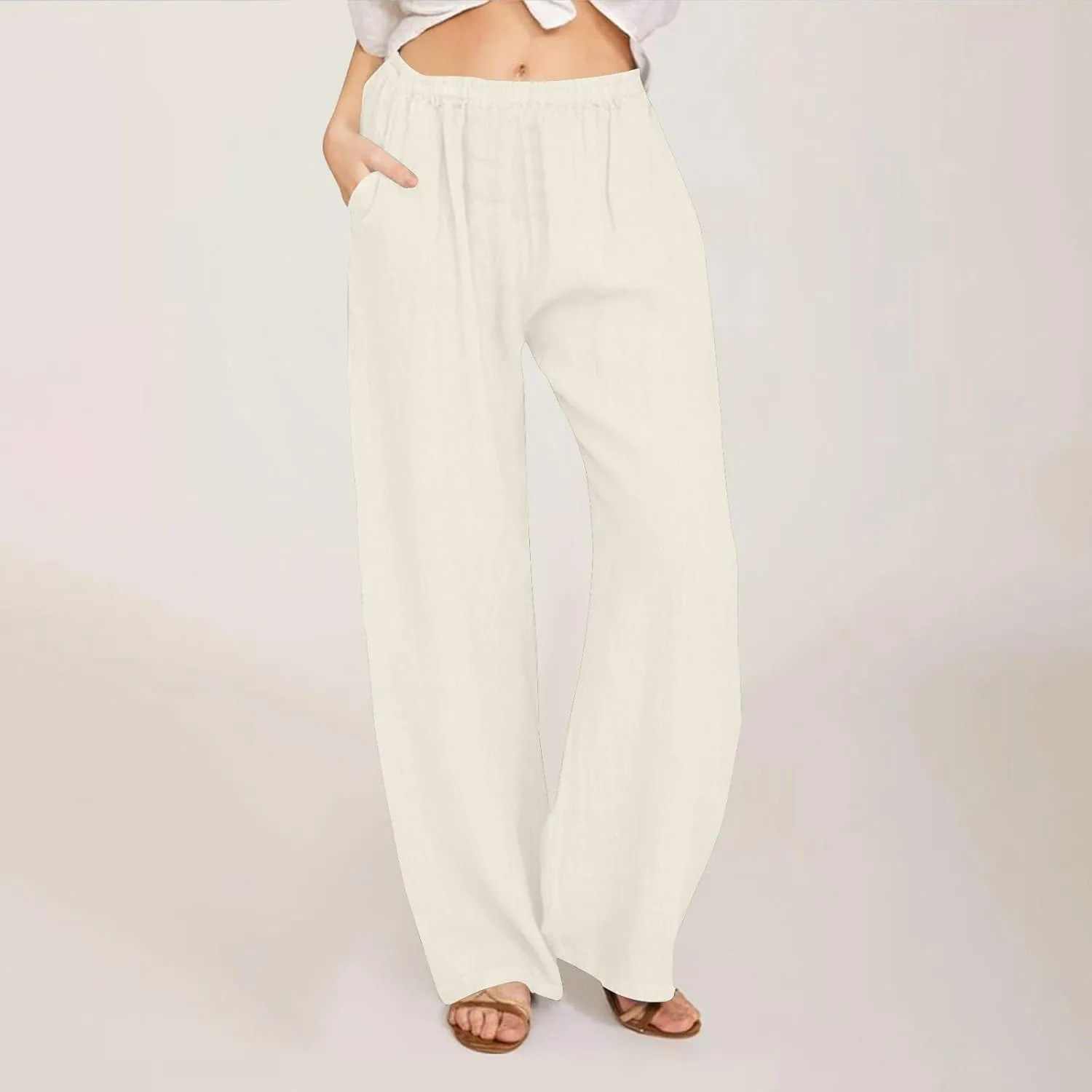 Lastesso Palazzo Pants for Women Casual Lightweight Linen Cotton Outfits with Pockets Soft High Waist Summer Lounge Trousers