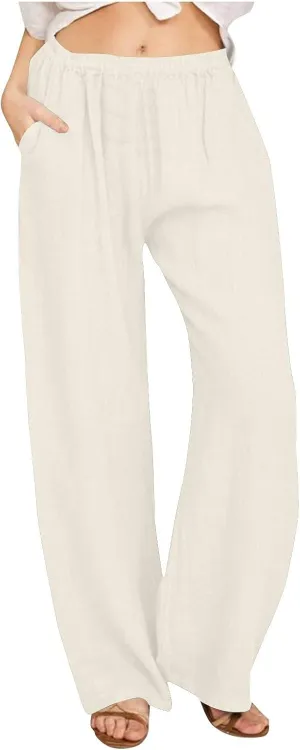 Lastesso Palazzo Pants for Women Casual Lightweight Linen Cotton Outfits with Pockets Soft High Waist Summer Lounge Trousers