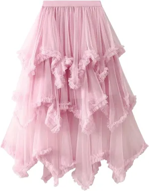 Layered Tulle Long Skirt Korean Fashion Mesh Gauze High Waist Skirt Frill Trim Ruffle Pleated Skirt for Women