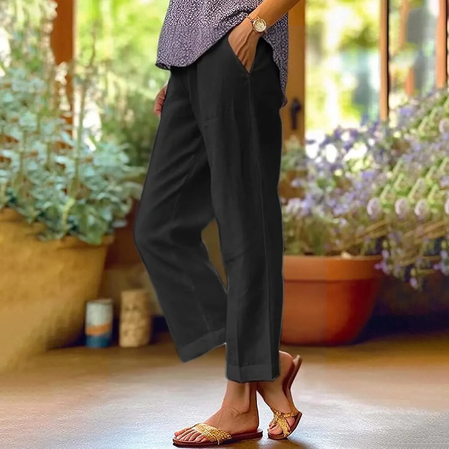 LCMTWX Women Linen Pants Solid Elastic Pants Long Drawstring Linen Women Waist Cotton Casual Pants High Waisted Trousers