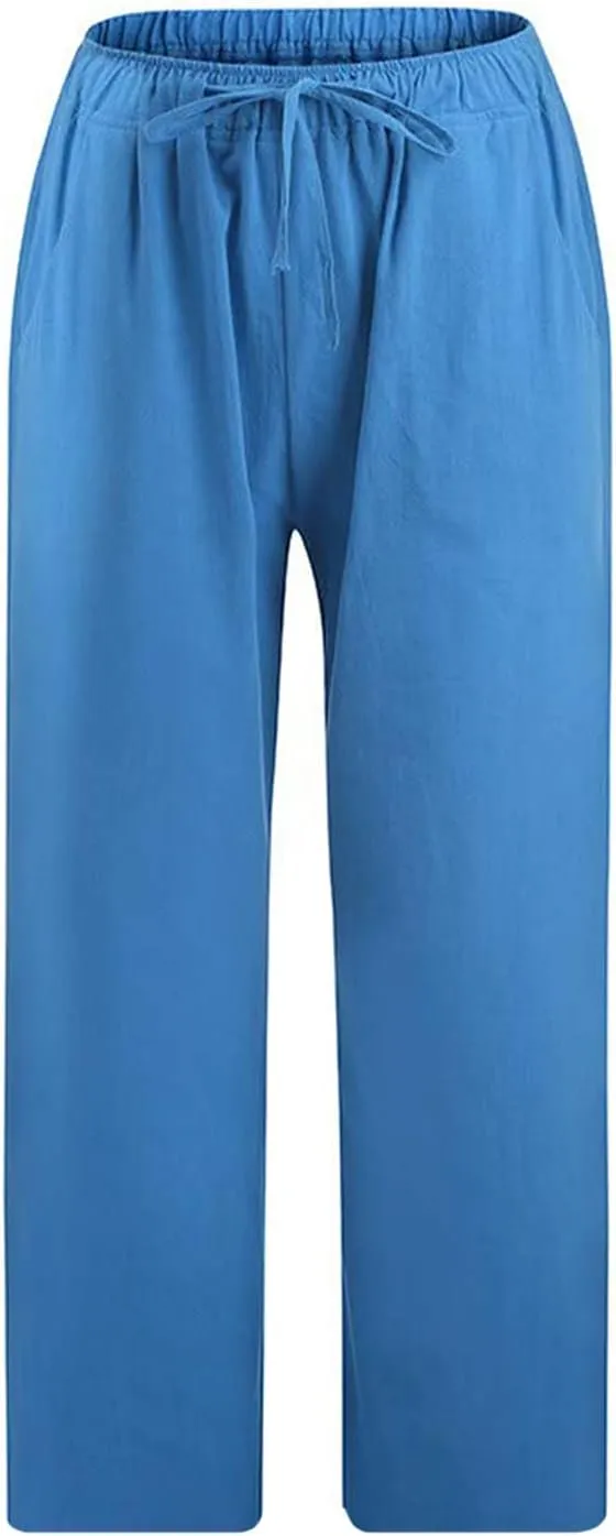 Linen Capri Pants for Women 2025 Casual Summer Pants Drawstring Elastic High Waist Capris Wide Leg Cropped Trousers