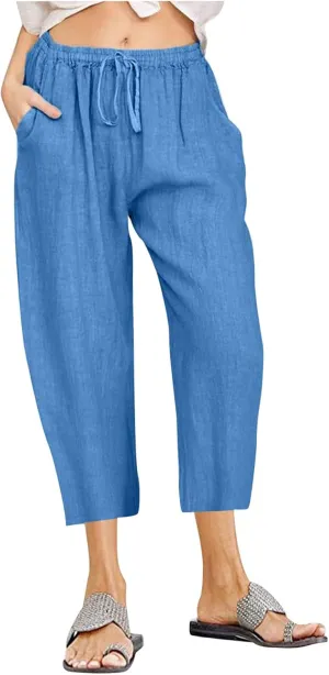 Linen Capri Pants for Women 2025 Casual Summer Pants Drawstring Elastic High Waist Capris Wide Leg Cropped Trousers