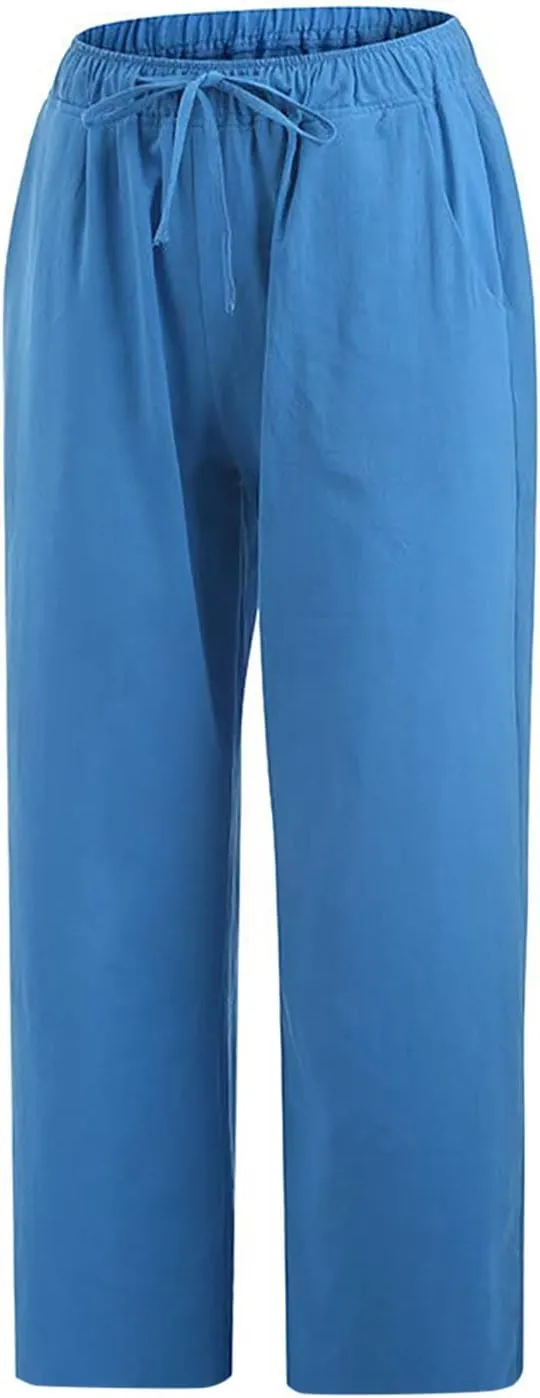 Linen Capri Pants for Women 2025 Casual Summer Pants Drawstring Elastic High Waist Capris Wide Leg Cropped Trousers