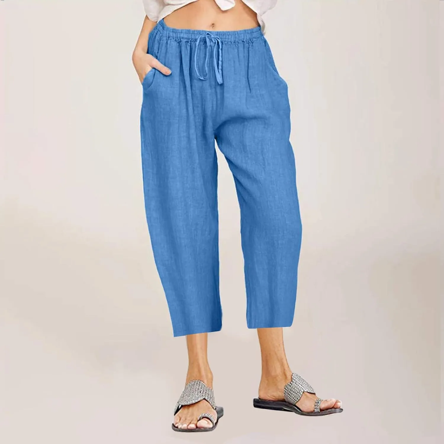 Linen Capri Pants for Women 2025 Casual Summer Pants Drawstring Elastic High Waist Capris Wide Leg Cropped Trousers