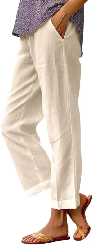 Linen Crop Pants for Women Summer Casual Straight Leg Trousers Loose fit Beach Vacation Capris Pants w Pocket