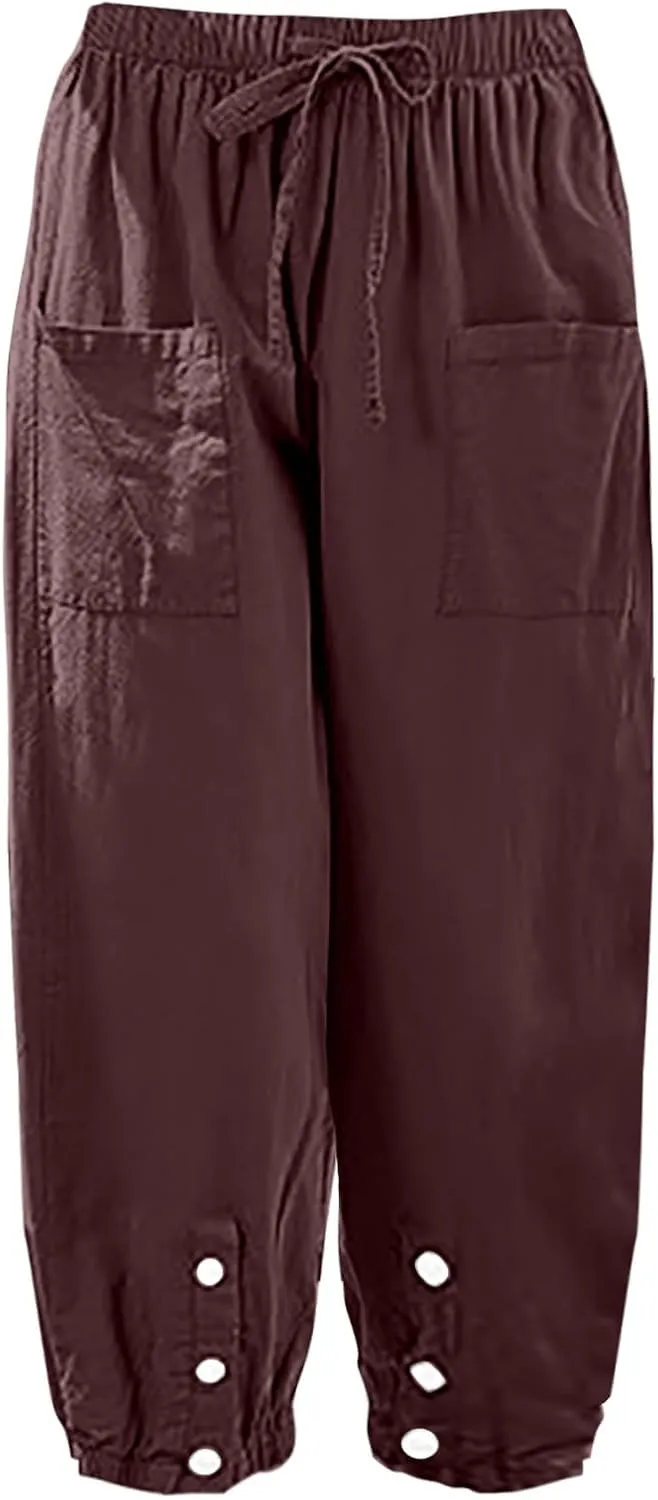 Linen Elastic Waist Pants Women Spring Elastic Trousers Womens Work Wide Leg Lounge Pant Cotton