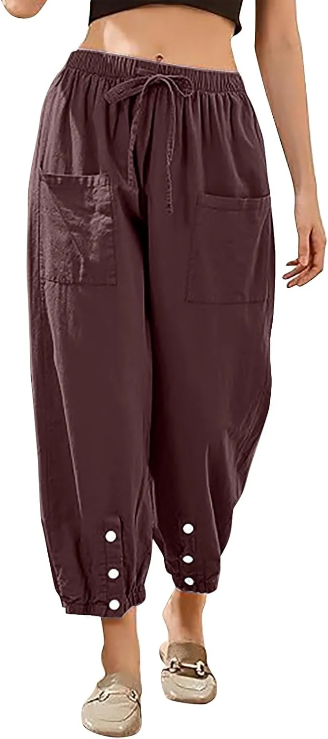 Linen Elastic Waist Pants Women Spring Elastic Trousers Womens Work Wide Leg Lounge Pant Cotton