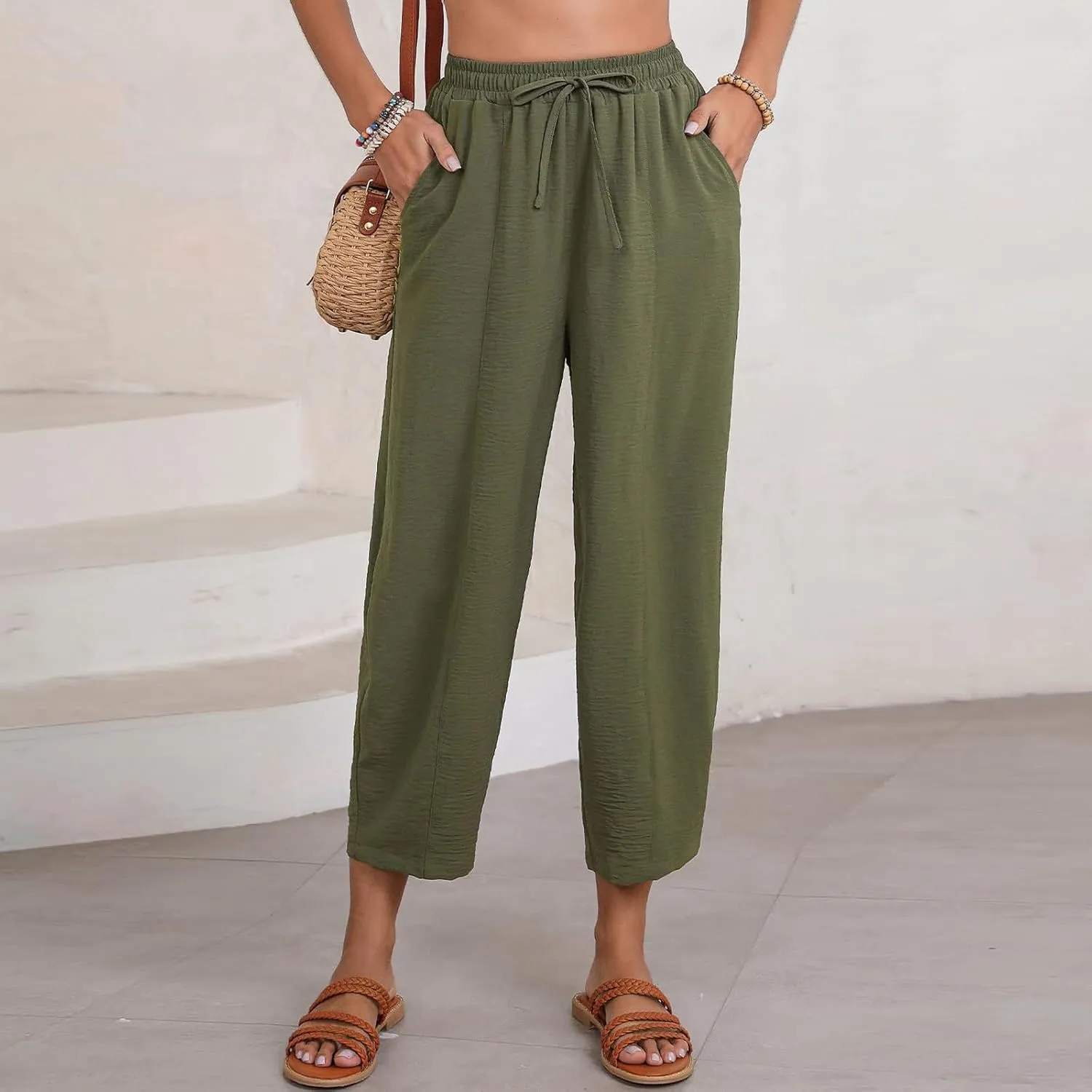 Linen Harem Pants Women Casual Summer High Waisted Beach Pants Baggy Lightweight Cropped Pant with Pockets