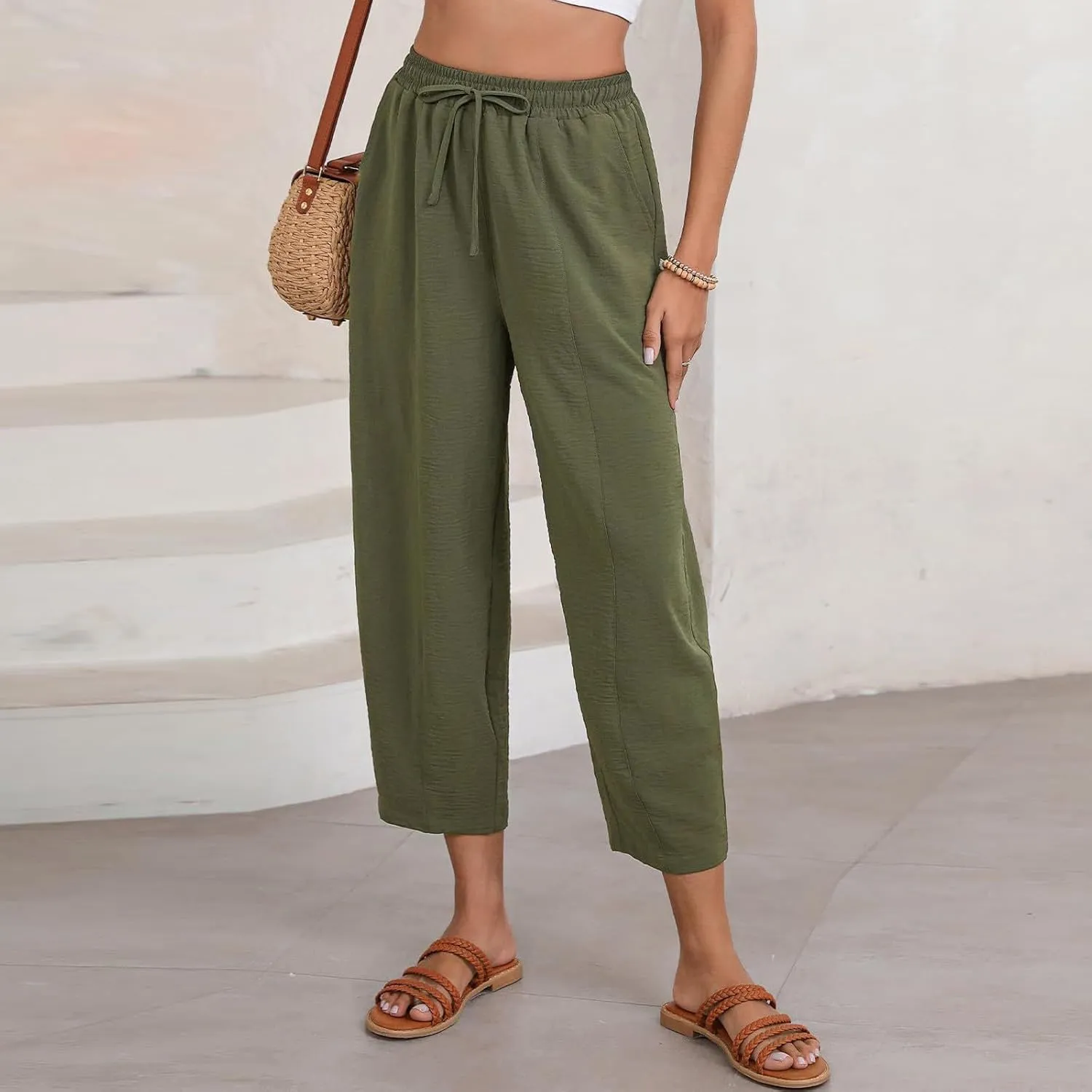 Linen Harem Pants Women Casual Summer High Waisted Beach Pants Baggy Lightweight Cropped Pant with Pockets