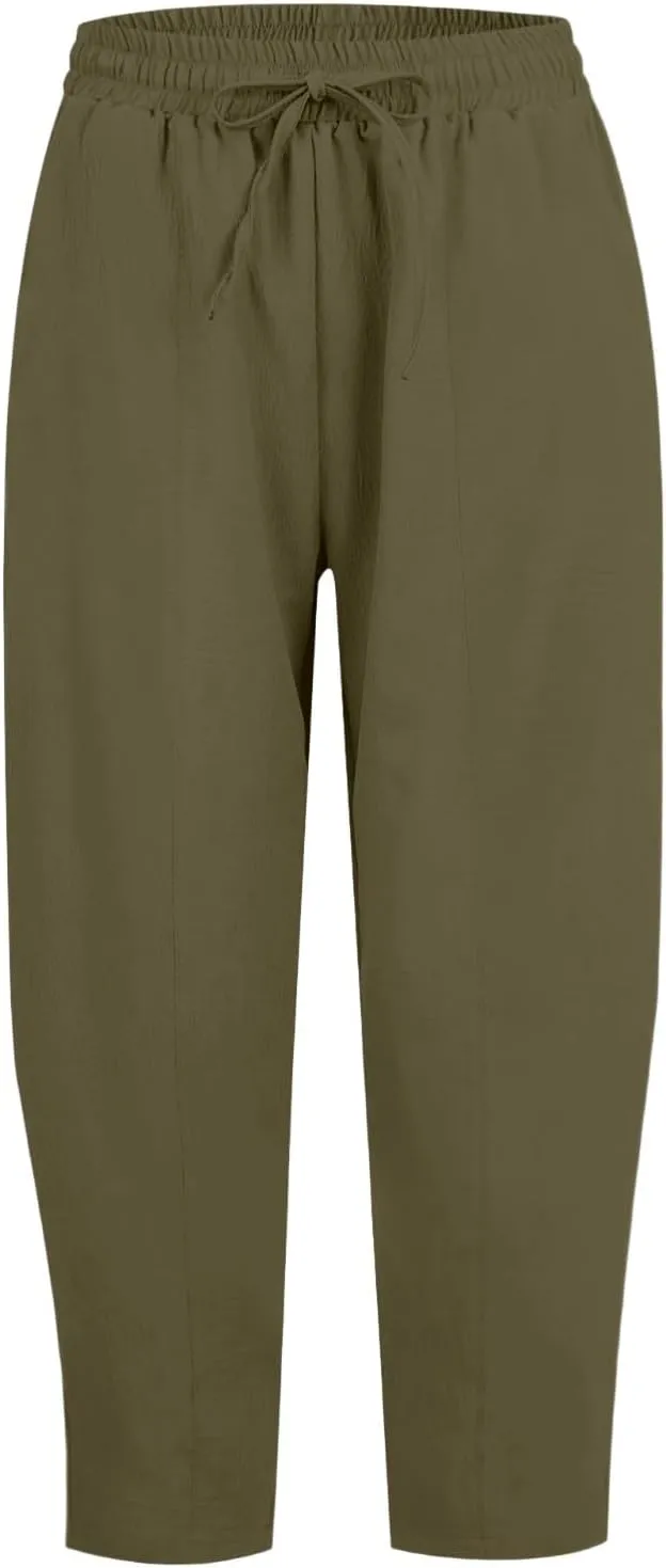 Linen Harem Pants Women Casual Summer High Waisted Beach Pants Baggy Lightweight Cropped Pant with Pockets