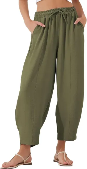 Linen Harem Pants Women Casual Summer High Waisted Beach Pants Baggy Lightweight Cropped Pant with Pockets