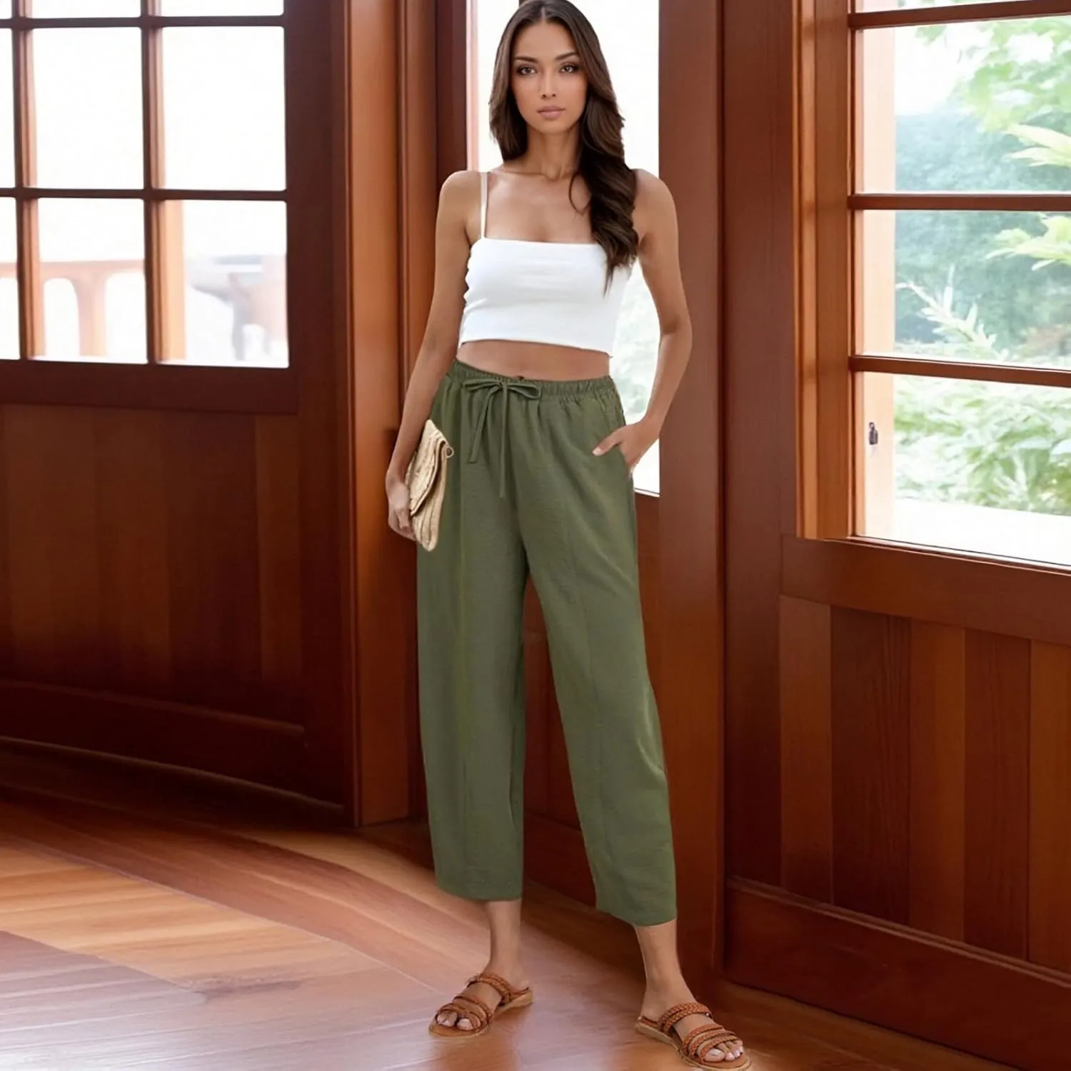 Linen Harem Pants Women Casual Summer High Waisted Beach Pants Baggy Lightweight Cropped Pant with Pockets