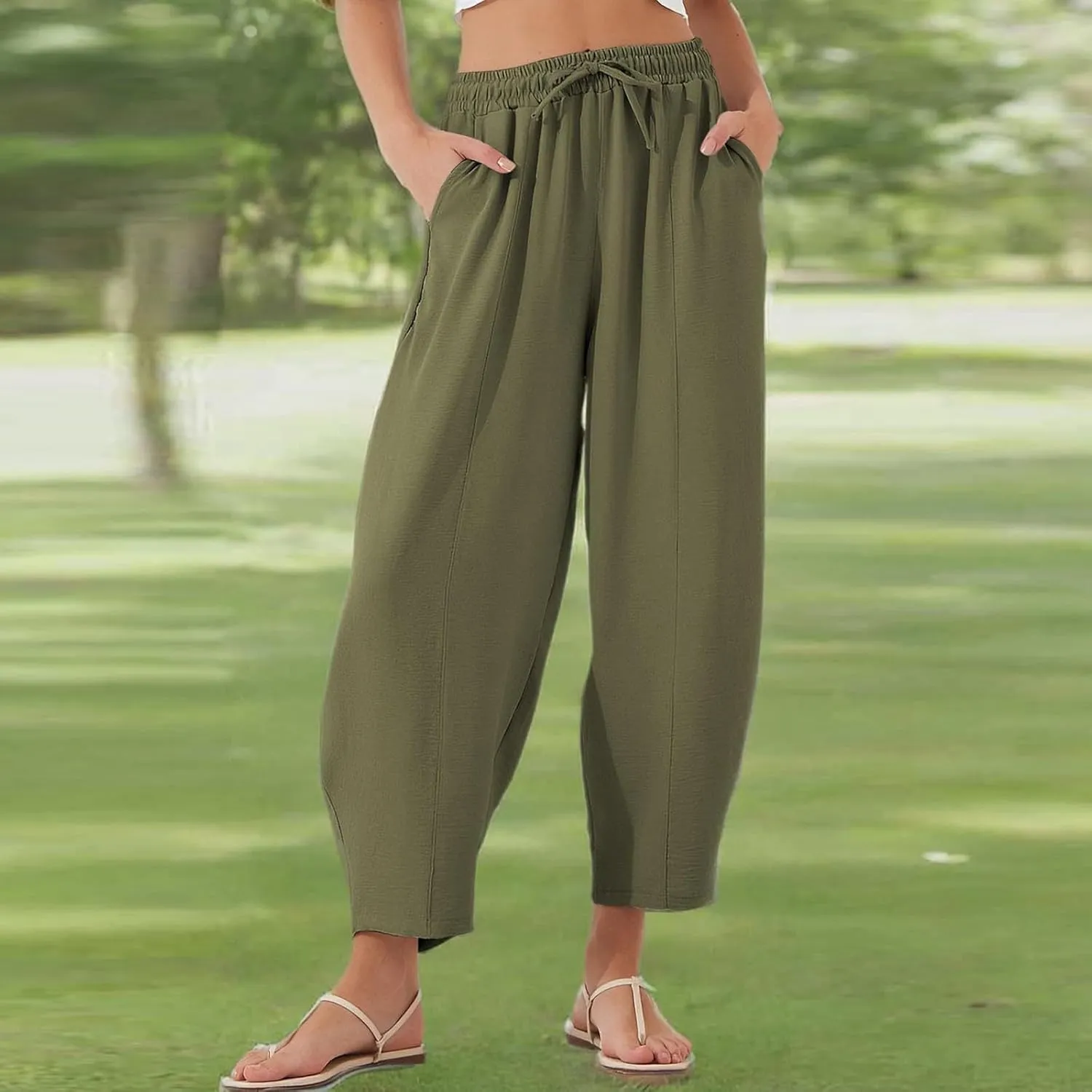 Linen Harem Pants Women Casual Summer High Waisted Beach Pants Baggy Lightweight Cropped Pant with Pockets