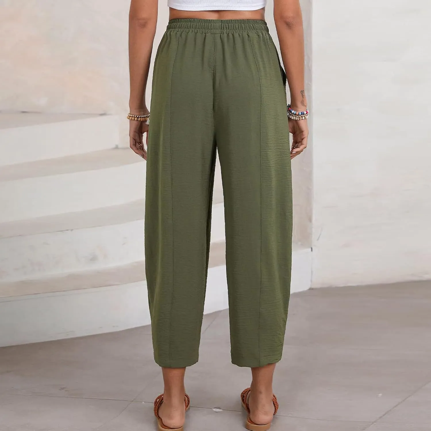 Linen Harem Pants Women Casual Summer High Waisted Beach Pants Baggy Lightweight Cropped Pant with Pockets